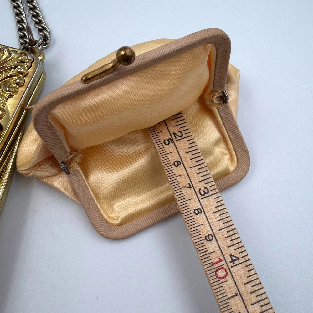 Vintage Gold Satin Evening Bag Ornate Frame Chain Strap‎ Clutch w/ Coin Bag